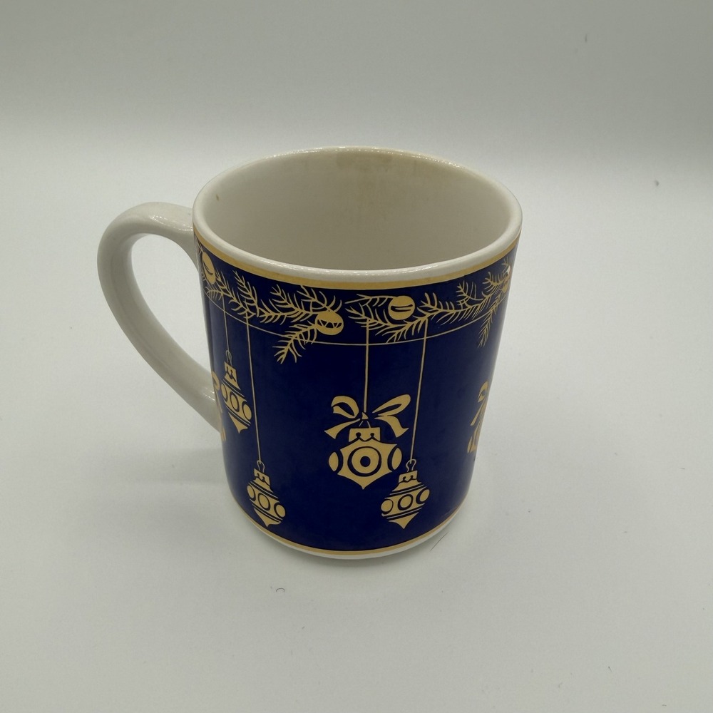 VTG Christmas‎ Mug Navy Blue Gold Ornaments Pine Needles Holiday Coffee Tea Cup